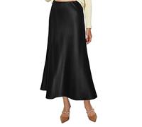 Vossmi Falda de Satén para Mujer Cintura Alta Elástica Midi Falda Casual Skirt A-Línea con Cremallera Elegante Larga Faldas de Seda Maxi Plisada Skirts Fiesta Saten Otoño Negro,L