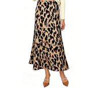Vossmi Falda Larga Mujer Básica Satén Ajustada Skirt Midi Traje Vintage Elástico Cintura Alta Wrap Faldas Elegante Evasé Falda Media Sedosa Primavera Leopardo,M