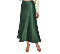 Vossmi Falda Larga Mujer Básica Satén Ajustada Skirt Midi Traje Vintage Elástico Cintura Alta Wrap Faldas Elegante Evasé Falda Media Sedosa Primavera Verde,XL