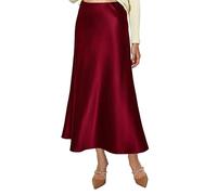 Vossmi Mujer Falda Midi de Satén Elegante A Línea Faldas Cintura Alta Largo Falda Seda Color Liso Bodycon Lápiz Oficina Informal Skirt Invierno Burdeos,S
