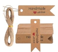 VOSSOT 100 etiquetas de regalo hechas a mano con amor, 7x2cm Etiquetas de Regalo, Etiquetas Kraft con 20m Cuerda de Yute para bodas, Navidad, regalo de embalaje
