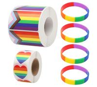 VOSSOT 1000 Pegatinas LGBTQ Arco Iris y 4 Pulseras - Set de Accesorios del Orgullo Gay con Bandera Autoadhesiva