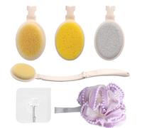 VOSSOT 3-en-1 Cepillo Espalda Ducha con Mango Largo, con Esponja Ducha y Gancho de Pared, Cepillo Ducha Espalda Plegable Aplicador Crema Espalda y Pies, Esponja Espalda Set de Cuidado Corporal