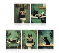 VOSSOT 5pcs Gato Negro Cuadro Baño Humor Obras de Arte Decorativas Para el Cuarto de Baño Impermeable Posters Para Pared Cartel Retro Decoración de Gatos Negros Apto Para Baños y Aseos sin Marco