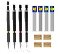 VOSSOT Juego de Portaminas, 4 Piezas Metal Portaminas 0,3/0,5/0,7/0,9 mm con 4 Tubos de Recambio, 4 Borradores, 4 Recambios de Borrador, Automático Portamina Retráctil para Dibujo Escritura Bosquejo