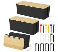 Votoko Caja para Cables, Juego de 3 Cajas Guarda Cables con 20 Bridas, Caja Organizadora de Cables con Tapa de Madera para Ocultar y Organizar Cables, Tamaños Grande, Mediano y Pequeño