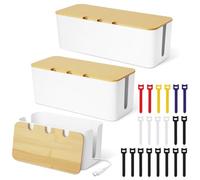 Votoko Caja para Cables, Juego de 3 Cajas Guarda Cables con 20 Bridas, Caja Organizadora de Cables con Tapa de Madera para Ocultar y Organizar Cables, Tamaños Grande, Mediano y Pequeño