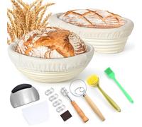 Votoko Cesta de Fermentación para Pan, Banneton 25cm Ovalada y 23cm Redondo, Banetones Para Pan, Brotform Cuenco de Ratán Natural para Masa, Raspador de Masa, Batidora Danesa