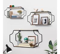 Votoko Estanteria Pared, Juego de 3 Estantes de Pared, Estantes Colgantes de Madera y Metal para Decoración y Almacenamiento en Baño, Sala de Estar, Cocina y Dormitorio