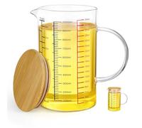 Votoko Jarra de Vidrio Medidora, 1000ml Cristral Borosilicatado Resistente al Calor con Escala+Tapa de Madera, 1L Vaso Medidor Cocina para Líquidos, Azúcar y Hari