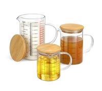 Votoko Juego de 3 Jarra de Vidrio Medidora, 350 ml+500 ml+1000 ml Cristal Borosilicatado Resistente al Calor con Escala+Tapa de Madera, Vaso Medidor Cocina para Líquidos, Azúcar y Hari