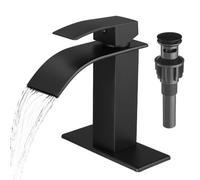 VOTON Grifo de baño de cascada negro con un solo mango con drenaje emergente, un agujero, grifo mezclador para lavabo, con montaje en cubierta