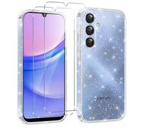Votvloay Funda para Samsung Galaxy S21 FE 5G 6,4" con Piezas Cristal Templado, Glitter Niñas y Mujeres Brillante Carcasa, Suave TPU Antigolpes Protección Cover Bumper Case, Transparente
