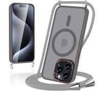 Votvloay Magnética Funda para iPhone 13 Pro 6,1" con Cuerda Compatible con MagSafe,Carcasa Translúcida Mate Trasera Antigolpes Case con Correa de Cuello Cadena Cordón para iPhone 13 Pro,Gris
