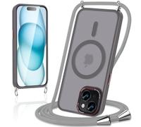 Votvloay Magnética Funda para iPhone 15 6,1" con Cuerda Compatible con MagSafe,Carcasa Translúcida Mate Trasera Antigolpes Case con Correa de Cuello Cadena Cordón para iPhone 15,Gris