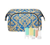voucong Bolsa de cosméticos impermeable para mujer, monedero organizador de cosméticos, azul y dorado, diseño barroco, flores vintage