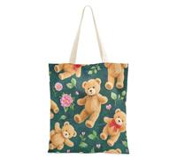 voucong Bolsa de lona con diseño de oso de peluche marrón de dibujos animados para mujer, con bolsillos con asas, reutilizable, regalo de lona a granel