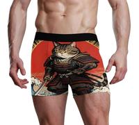 voucong Calzoncillos tipo bóxer japoneses para hombre, diseño de olas del mar samurái, Gato samurái japonés con olas del océano, S