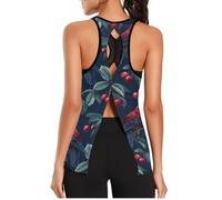 voucong Camiseta de mujer con sujetador de tela de malla de verano de secado rápido para mujer, para correr, yoga, Kea Cherry tropical, Tropical Kea Cherry Azul Oscuro, L