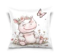 voucong Funda de almohada de viaje con diseño de flores de rinoceronte blanco de dibujos animados y mariposas, decoración del hogar para sala de estar, sofá, 18 x 18 pulgadas