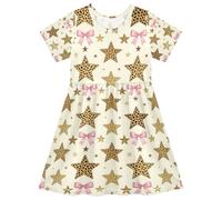 voucong Vestido de verano de manga corta con estampado de leopardo y lazo rosa para niñas, Leopardo estrella lazo rosa, 7-8 años
