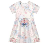 voucong Vestidos de manga corta con volantes y lazo para niñas pequeñas, estilo informal, con lazo y lazo estético, Lazo de flores estéticas, 7-8 años
