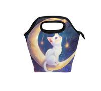 voucong White Cat on Moon - Lonchera reutilizable con asa curvada para adultos (prop2), bolsa térmica pequeña para viajes a la playa