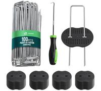 VOUNOT® 100Unds Grapas Césped Artificial 150x30MM Ø3mm Forma U 50 Arandelas | Estacas Fijación Malla Antihierbas Clavos Clavijas Metal Galvanizados Kit Completo de Gancho Piquetas Sujeción Camping Jardín
