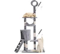 VOUNOT® Árbol Rascador para Gatos Altura 155 cm, Torre de Gatos Multiniveles, Rascador de Escalada Estable para Felinos Mascotas con Juguetes Postes de Sisal Plataformas Cueva Hamaca Escalera, Gris
