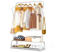 VOUNOT® Burro Ropa Resistente, Perchero Burro Doble Metálico con 2 Estantes Inferiores, Organizador de Ropa con Zapatero y Ganchos Laterales, Colgador para Dormitorio y Vestidor, 110x35x146 cm Blanco