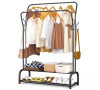 VOUNOT® Burro Ropa Resistente, Perchero Burro Doble Metálico con 2 Estantes Inferiores, Organizador de Ropa con Zapatero y Ganchos Laterales, Colgador para Dormitorio y Vestidor, 108x35x145 cm, Negro