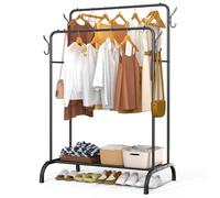 VOUNOT® Burro Ropa Resistente, Perchero Burro Doble Metálico con Soporte para Zapatos, Organizador de Ropa con Zapatero y Ganchos Laterales, Colgador para Dormitorio y Vestidor, 110x58x150 cm Negro