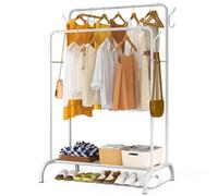 VOUNOT® Burro Ropa Resistente, Perchero Burro Doble Metálico con Soporte para Zapatos, Organizador de Ropa con Zapatero y Ganchos Laterales, Colgador para Dormitorio y Vestidor, 110x58x150 cm Blanco