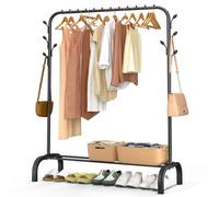 VOUNOT® Burro Ropa Resistente, Perchero Burro Metálico con Soporte para Zapatos, Organizador de Ropa con Zapatero y Ganchos Laterales, Colgador para Dormitorio y Vestidor, 110x41x150 cm Negro