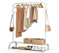 VOUNOT® Burro Ropa Resistente, Perchero Burro Metálico con Soporte para Zapatos, Organizador de Ropa con Zapatero y Ganchos Laterales, Colgador para Dormitorio y Vestidor, 110x41x150 cm Blanco