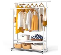 VOUNOT® Burro Ropa Resistente, Perchero Burro Metálico Doble Barra con Ruedas y 2 Estantes Inferiores, Organizador Móvil de Ropa con Zapatero, Colgador para Dormitorio y Vestidor, 120x40x146 cm Blanco
