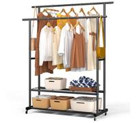 VOUNOT® Burro Ropa Resistente, Perchero Burro Metálico Doble Barra con Ruedas y 2 Estantes Inferiores, Organizador Móvil de Ropa con Zapatero, Colgador para Dormitorio y Vestidor, 120x40x146 cm Negro