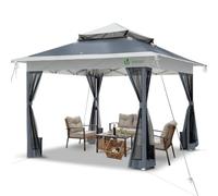 VOUNOT® Carpa Plegable Gazebo 3.6x3.6m con Botón Central y Laterales de Malla, Cenador Pabellón Pop Up de Jardín Techo Doble y Bolsas de Arena, Protección UV, para Camping, Fiestas, Exterior, Gris