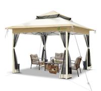 VOUNOT® Carpa Plegable Gazebo 3.6x3.6m con Botón Central y Laterales de Malla, Cenador Pabellón Pop Up de Jardín Techo Doble y Bolsas de Arena, Protección UV, para Camping, Fiestas, Exterior, Beige