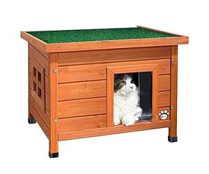 VOUNOT® Casa para Gatos de Madera con Techo Asfáltico, Cabaña Mascotas Caseta Pequeña de Gatos con Ventana y Puerta 57x45x43cm
