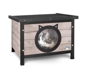 VOUNOT Casa para Gatos de Madera con Techo Asfáltico y Puerta en Forma de Oreja Listones de PVC, Cabaña Mascotas Caseta Pequeña de Gatos 57x45x43cm, Gris