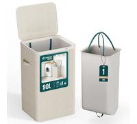 VOUNOT® Cesto Ropa Sucia con Tapa 90L Cesta para la Colada 1 Compartimento Cubo Ropa Sucia Plegable con Bolsa Interior Extraíble Asas Laterales Laundry Basket para Lavandería Dormitorio Baño Beige
