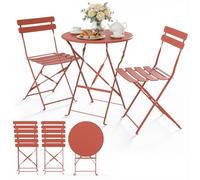 VOUNOT® Conjunto de 1 Mesa y 2 Sillas Plegables de Metal Set de Bistro Compacto Resistente a Intemperie y UV Juego de Muebles de Jardín 3 Piezas para Balcón Jardín Terraza Patio Exterior Rojo Ladrillo