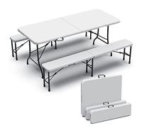 VOUNOT® Conjunto Plegable Mesa y 2 Bancos Plegables 180 cm, Set de Muebles Jardín Exterior para Picnic Camping Parrillas, Blanco