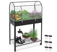 VOUNOT Huerto Urbano Terraza Mesa de Cultivo Cubierta de Protección, Jardinera Elevada con Ruedas Asa Lateral y Estante Inferior, para Plantas Flores Verduras Jardín Interior Exterior, Negro