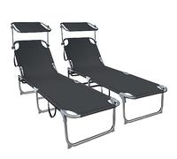 VOUNOT® Juego de 2 Tumbonas Plegable con Parasol Ajustable Tumbona Reclinable Jardín Exterior Respaldo Poliéster Regulable en 4 Posiciones Carga Máx. 120kg para Piscina Playa Terraza 190x58x27cm Negro