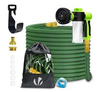 VOUNOT® Manguera Extensible 15m, Manguera Flexible Jardín con Pistola Rociadora de 8 Funciones y Dispensador de Jabón, Conectores de Latón de 1/2 y 3/4 Pulgadas Bolsa de Almacenamiento, Verde