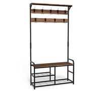 VOUNOT® Perchero de Pie con Zapatero, Perchero de Entrada Recibidor con Banco 3 Estantes 9 Ganchos, Colgador para Zapatos Ropas de Madera Estilo Industrial 185x85x33cm