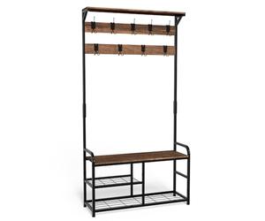 VOUNOT® Perchero de Pie con Zapatero, Perchero de Entrada Recibidor con Banco 3 Estantes 9 Ganchos, Colgador para Zapatos Ropas de Madera Estilo Industrial 185x85x33cm