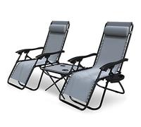 VOUNOT Set de 2 Tumbona Jardín Exterior Plegable con Mesa Auxiliar Portavasos, Silla Reclinable con Reposacabeza Extraíble, Carga Máxima 120KG, Gris